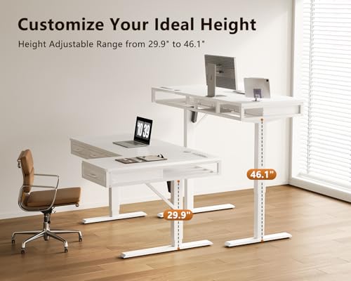 55 Inch L Shaped Standing Desk with 4 Wooden Drawers, White, view 6