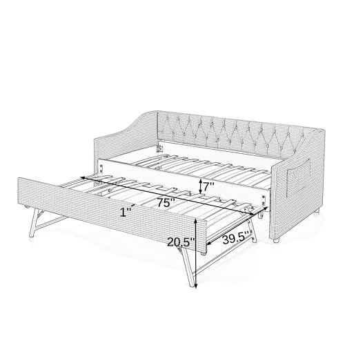 JIVOIT Twin‑Size Upholstered Daybed with Pull‑Out Trundle, Upholstered Convertible Daybed with Side Storage, Tufted Button Backrest & Padded Armrests, Perfect for Compact Living (Black-Twin,32)