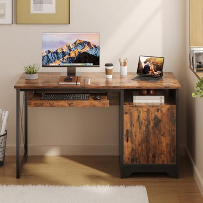 Office Desk with Keyboard Tray, 47 inch Industrial Computer Desk with Storage, Reversible Executive Desk with File Cabinet for Home Office Bedroom, Rustic Brown
