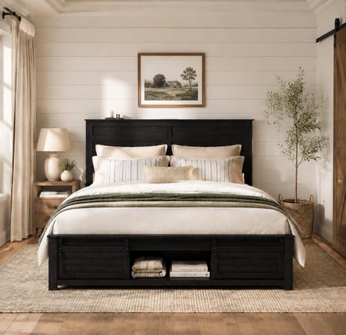 Wooden Queen Bed Frame with Headboard, Farmhouse Storage, Barn Door, view 2