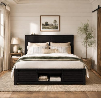 Wooden Queen Bed Frame with Headboard, Farmhouse Storage, Barn Door, view 2