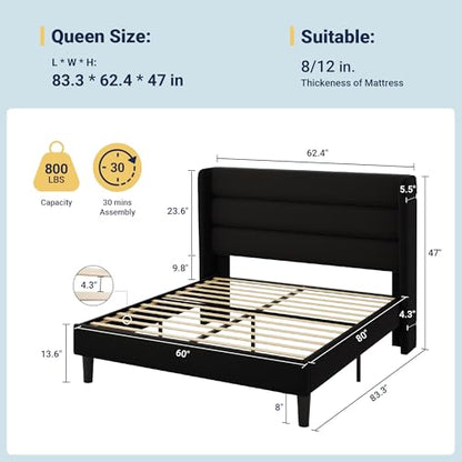 Queen Size Platform Bed Frame with Velvet Upholstered Wingback Headboard, view 3