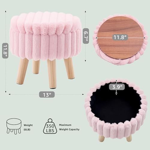 Storage Ottoman, Modern Round Footrest with Soft Padded Seat, Teddy Velvet Footstool with Wood Legs, Accent Small Table or Plant Stand for Hallway, Living Room (Light Pink)