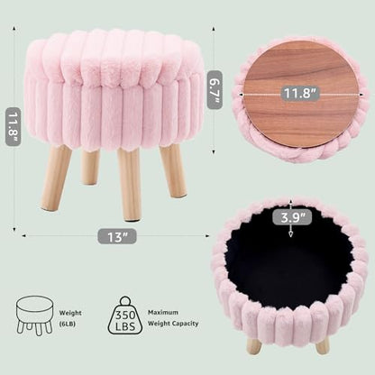 Storage Ottoman, Modern Round Footrest with Soft Padded Seat, Teddy Velvet Footstool with Wood Legs, Accent Small Table or Plant Stand for Hallway, Living Room (Light Pink)