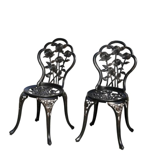 Rose Garden Cast Aluminum Bistro Chairs, Decorative Outdoor Patio Seating, Set of 2, White and Black (Rose Chair Bronze)