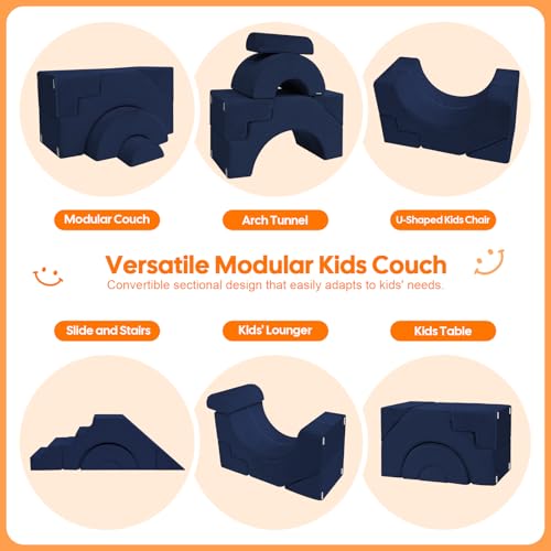 Modular Kids Sofa, Foam Couch Sofa with Slide & Stair Design, Convertible Kids Couch for Playroom, Sectional Child Furniture for Bedroom Living Room, Navy