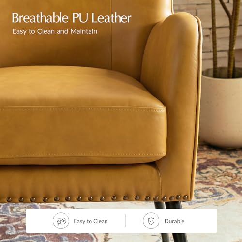 Faux Leather Accent Chair with Removable Cushion, Comfy Upholstered Armchair with Black Metal Legs & Nailhead Trim Wingback Vanity Chair for Reading Living Room Bedroom, Yellow