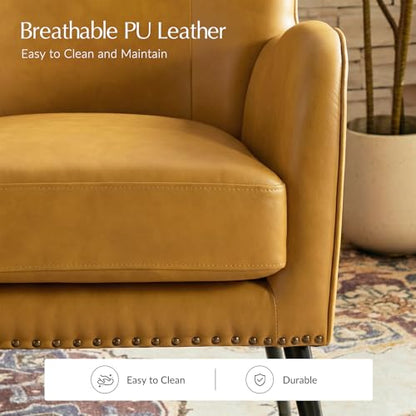 Faux Leather Accent Chair with Removable Cushion, Comfy Upholstered Armchair with Black Metal Legs & Nailhead Trim Wingback Vanity Chair for Reading Living Room Bedroom, Yellow