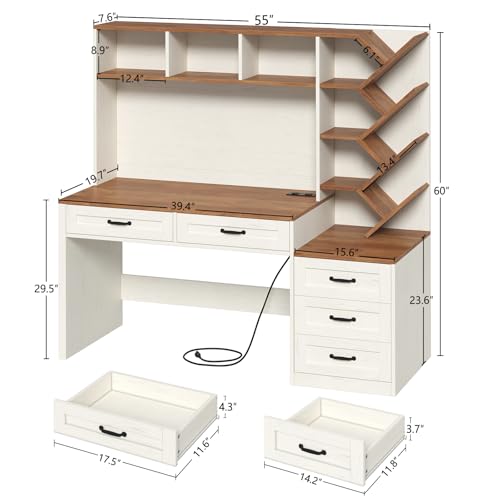55" Computer Desk with Bookshelf, Drawers ＆ Hutch for Bedroom, Home Office, view 3