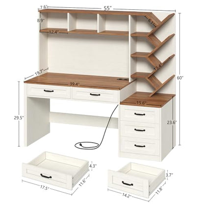 55" Computer Desk with Bookshelf, Drawers ＆ Hutch for Bedroom, Home Office, view 3