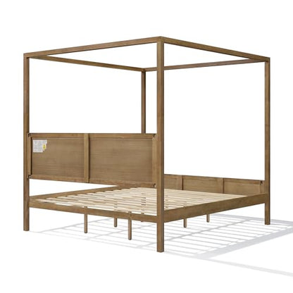 King Canopy Bed Frame with Headboard & 4 Posters, Antique Natural, view 6