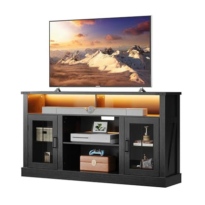 Farmhouse TV Stand for 65 Inch TV, Tall Entertainment Center with LED Lights & Storage Cabinets, TV Media Console Table with Adjustable Shelf for Living Room, Bedroom, Home Theater, Black