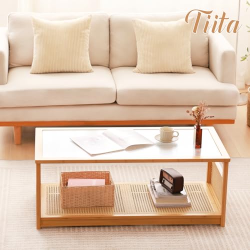 Coffee Tables for Living Room，Mid Century Modern Storage 2-Tier Coffee Tables，Rattan Glass RectangleTables，Suitable for Living Room Apartment，Wood