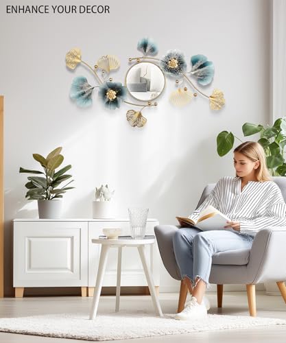 Large Wall Mirror,Modern Wall Mirrors Decorative,3DMetal Ginkgo Biloba Design - Perfect for Living Room, Bedroom, Bathroom, or Entryway Wall Decor