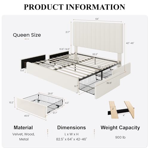Queen Platform Bed Frame with 4 Storage Drawers, Vertical Channel Tufted Adjustable Headboard, Velvet Upholstered, Wooden Slats Support, No Box Spring Needed, Easy Assembly, Cream