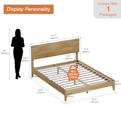 Queen Bed Frame with Wave Headboard, Solid Wood Legs, Oak, view 3