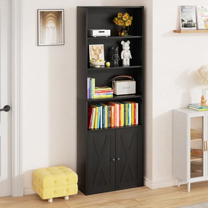 Farmhouse Bookcase with Doors & Storage, Tall 6-Tier Wood Bookshelf for Home Office Organization, Living Room Display, and Bedroom Storage Alternatives, 71-Inch Standing Shelf, Black