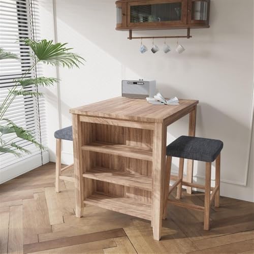 Lilola Home Dawson 36-inch Oak Finish 3-Piece Counter Height Table Set, Built-in Storage Shelves and 2 Linen-Upholstered Stools — Space-Saving Dining Set for Kitchen, Apartments, and Breakfast Nooks