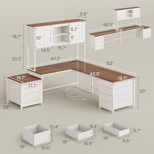 Reversible Farmhouse L Shaped Office Desk with 6 Drawer, Hutch, view 3
