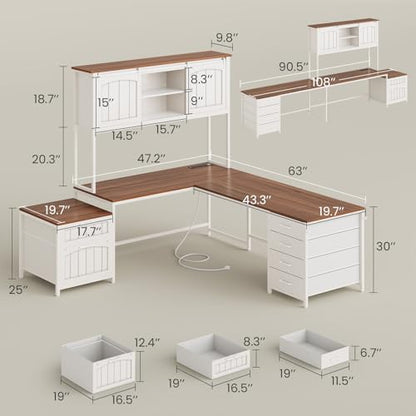 Reversible Farmhouse L Shaped Office Desk with 6 Drawer, Hutch, view 3