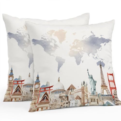 World Map Waterproof Outdoor Pillow Covers Set of 2 Home Decor, Famous Building Tourism Landscape Pillowcase Patio Pillow Covers for Couch Bench Patio Furniture Garden 26x26in