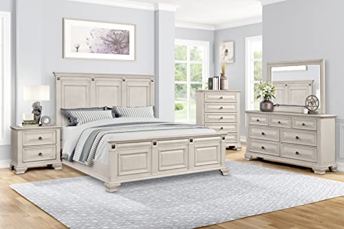 Renova Distressed Parchment Wood Bedroom Set, King Panel Bed, Dresser, Mirror, Nightstand, Chest