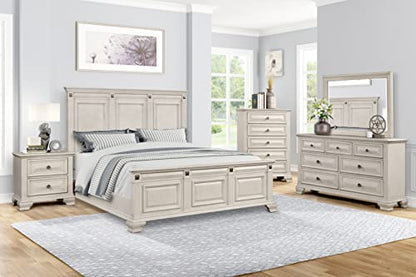 Renova Distressed Parchment Wood Bedroom Set, King Panel Bed, Dresser, Mirror, Nightstand, Chest