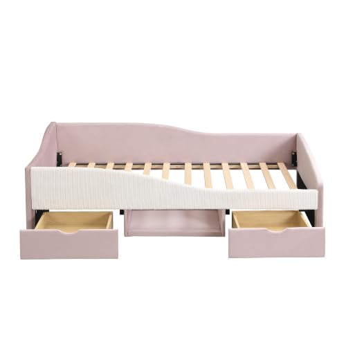 JIVOIT Twin Size Upholstered Daybed, 2 Storage Drawers, Padded Shelf, Guardrail (Pink/ Twin,82)