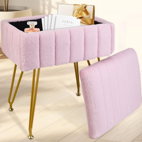 Vanity Stool with Storage, Faux Fur Makeup Stool with Metal Legs, Multifunctional Furry Footrest Ottoman Chair for Living Room Bedroom,Pink
