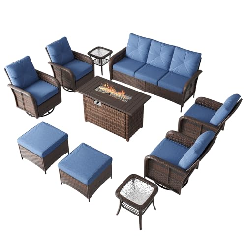12 Piece Outdoor Patio Furniture Set with 44'' Fire Pit Table, Wicker Rattan Outdoor Furniture with High Back Swivel Rocker Chairs, Outdoor Sofa Set with Thick Cushion & Ottoman, Navy Blue