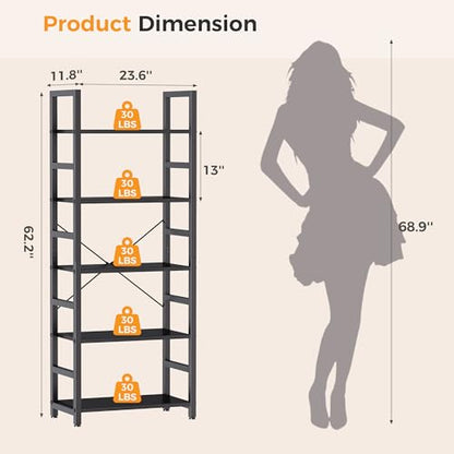5-Tier Bookshelf, Modern Tall Bookcase Book Shelf Storage Organizer, view 4