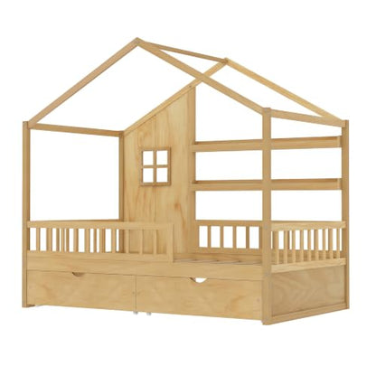 Twin House Bed for Kids with 2 Drawers & Canopy, Montessori Floor Bed with Rails, view 8