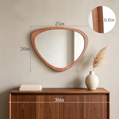 20" H x 25.5" W Asymmetrical Mirror, Irregular Wooden Wall Mirror for Bedroom, Living Room,Entryway– Boho Mid Century Modern Decorative, Solid Wood Frame, Pebble Shaped Design (Walnut)