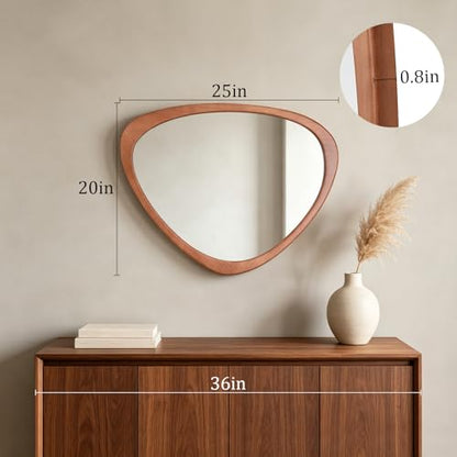 20" H x 25.5" W Asymmetrical Mirror, Irregular Wooden Wall Mirror for Bedroom, Living Room,Entryway– Boho Mid Century Modern Decorative, Solid Wood Frame, Pebble Shaped Design (Walnut)