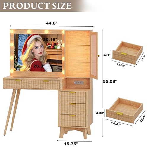 45" Fluted Makeup Vanity Desk with Mirror & Lights, Oak, view 3