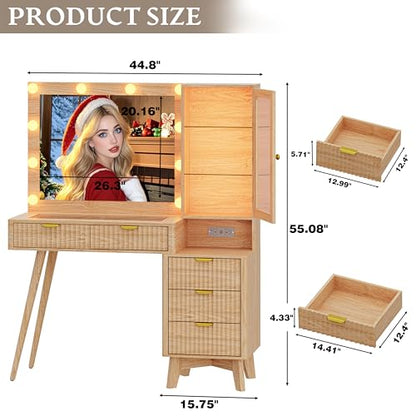 45" Fluted Makeup Vanity Desk with Mirror & Lights, Oak, view 3