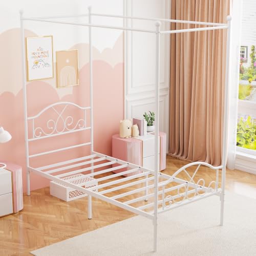 Twin Princess Canopy Bed Frame with 4 Posters, Twin Size Bed for Kids Girls, view 6
