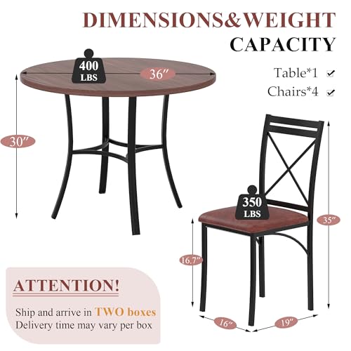 5 Piece Dining Table Set for 4, Wood Grain Dinette with Chairs for Kitchen, Breakfast Nook, Small Space, Dark Brown