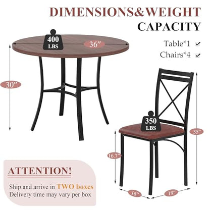 5 Piece Dining Table Set for 4, Wood Grain Dinette with Chairs for Kitchen, Breakfast Nook, Small Space, Dark Brown