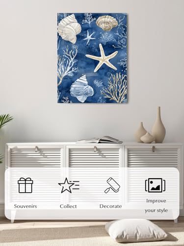 NuYeBiofx Ocean Starfish Seashell Waves Coral Canvas Wall Art Prints,48"x32" Framed Picture Artwork Navy Blue Printed Canvas Oil Painting for Living Room Bedroom Office,Ready to Hang