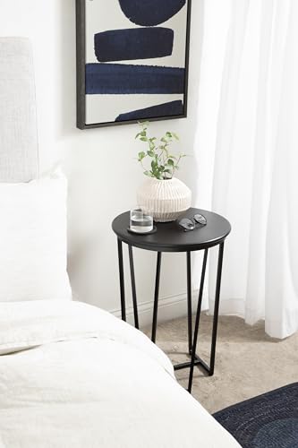 Solvay Round Metal and Wood Side Table; 16 x 16 x 24; Black; Modern Bedroom Nightstand Table with Solid Mango Wood Tabletop and Iron Base