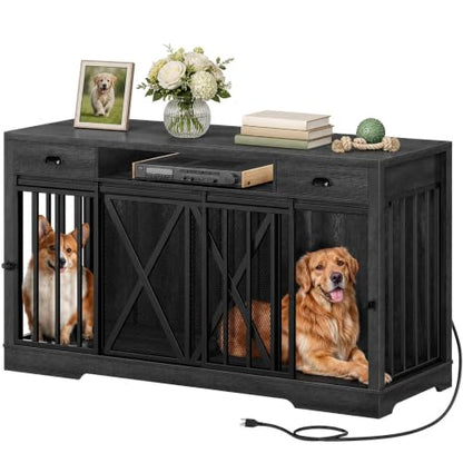 63" Double Dog Crate TV Stand with Charging Station for 2 Dogs, view 2