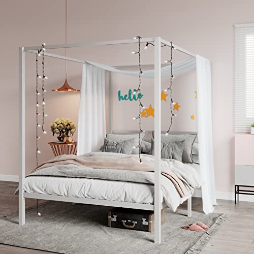 Queen Size Canopy Bed Frame with Heavy Duty Metal Slats, White, view 2