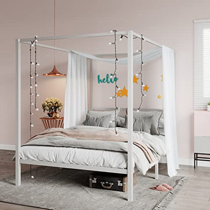 Queen Size Canopy Bed Frame with Heavy Duty Metal Slats, White, view 2