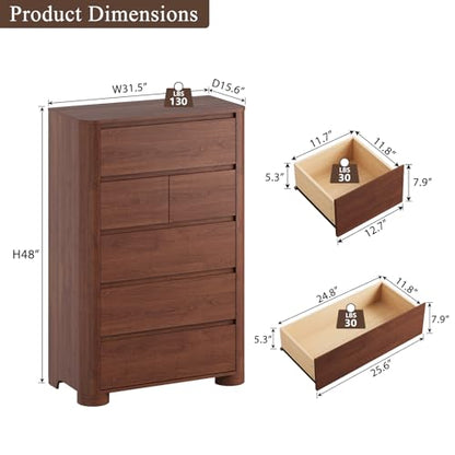 Walnut 6 Drawer Dresser for Bedroom, 48" Tall Chest of Drawers, view 3