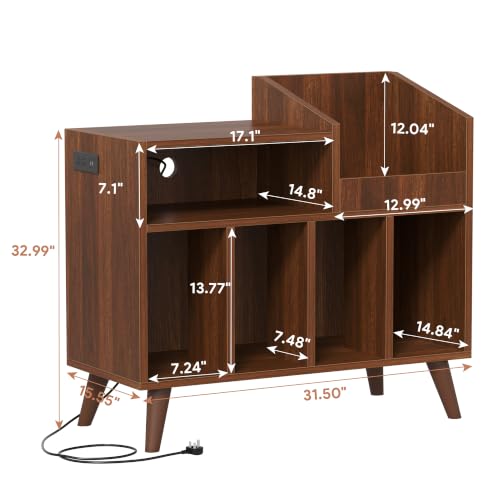 Large Record Player Stand with Built-in Outlet and LED Light, Walnut, view 3