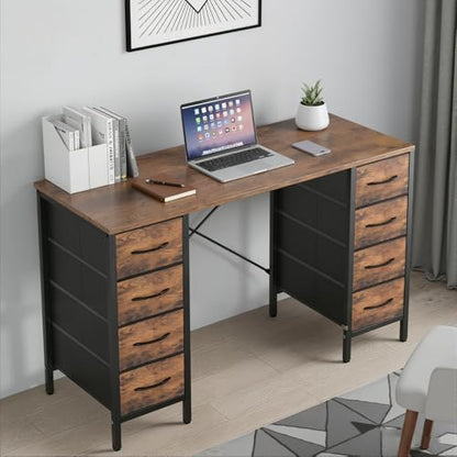 Desk with 8 Fabric Storage Drawers, Computer Office 47 Inch Gaming Writing Study Table with X-Shaped Reinforced Structure for Home Office Bedroom PC Desk, Brown