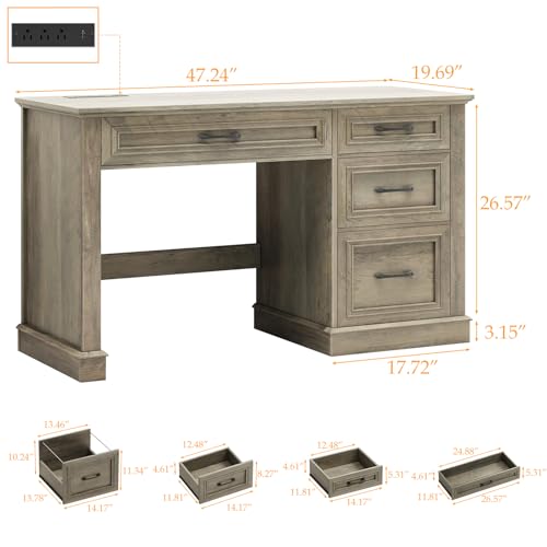 Farmhouse 47" Executive Desk, Computer Desk with Drawers and File Drawer, Workstation Computer Desk with Charging Station for Home Office,Study,（Dark Grey