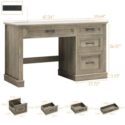 Farmhouse 47" Executive Desk, Computer Desk with Drawers and File Drawer, Workstation Computer Desk with Charging Station for Home Office,Study,（Dark Grey