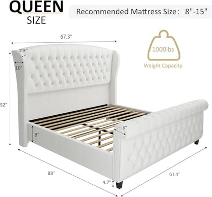 Queen Size Upholstered Sleigh Bed Frame with Wingback Headboard, view 3